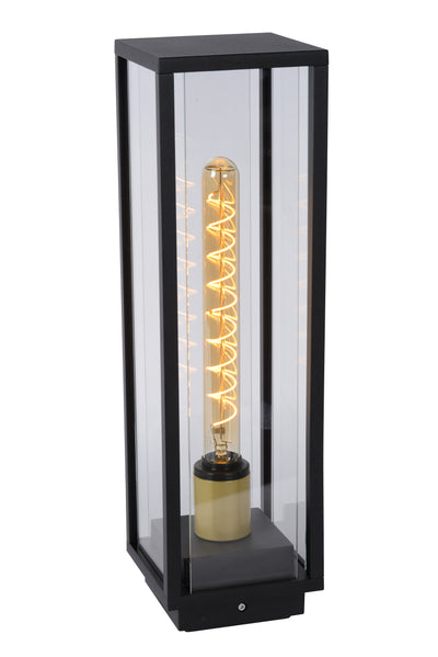 Lucide Laurens buiten sokkellamp, E27 fitting, IP54 waterdicht, Zwart metalen behuizing met glazen diffuser