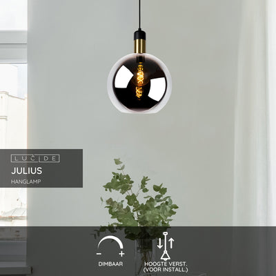 Lucide JULIUS lampada a sospensione Ø28cm vetro fumé legno nero metallo oro E27 40W dimmerabile IP20 220-240V