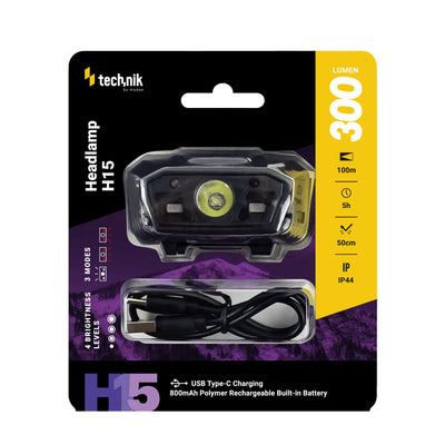 Technik Hoofdlamp H15 oplaadbare LED 300 lumen IP44 met USB Type-C en bewegingssensor