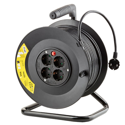 Technik Professionele Kabelhaspel 50m 1.5mm² Zwart 16A 4 Stopcontacten met Schakelaar Binnen Buiten