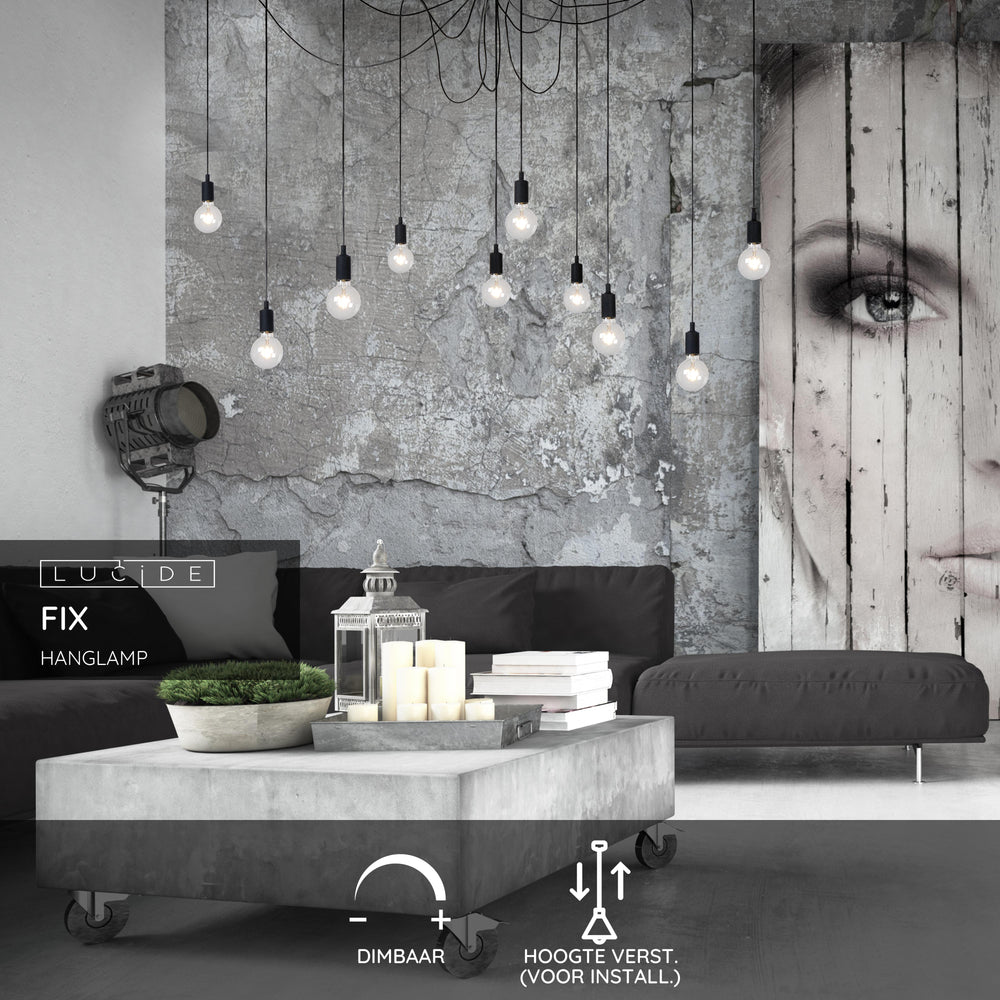 Lucide FIX multi hänglampa, 10xE27 socklar, svart metallram, justerbar höjd, modern taklampa