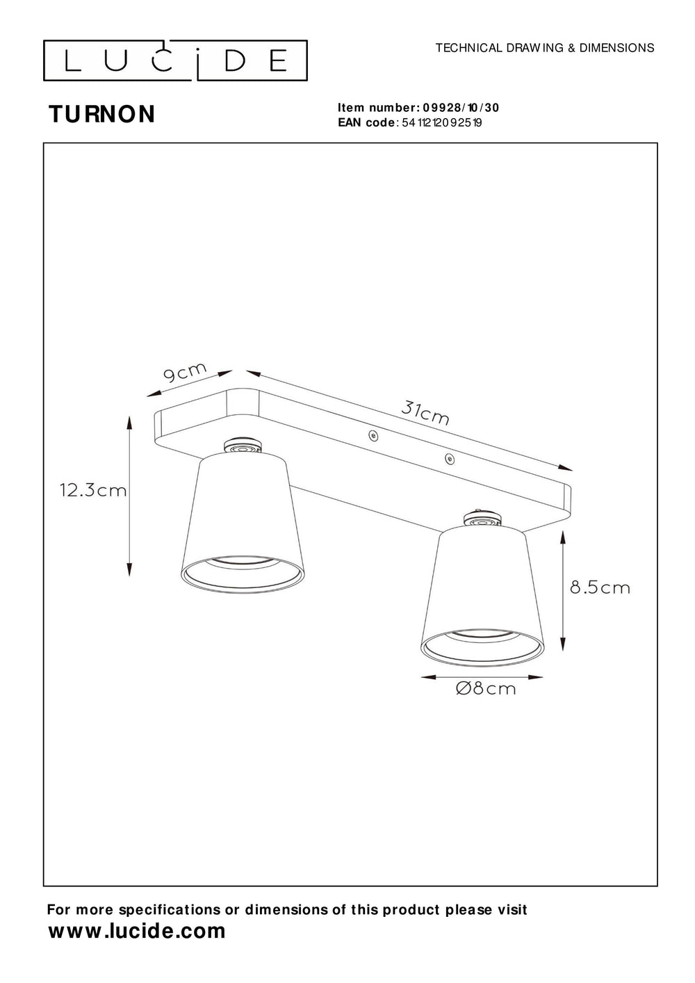 Lucide TURNON LED takspotlight, 2x5W GU10, dim to warm 2200K-3000K, Svart Aluminium, IP20
