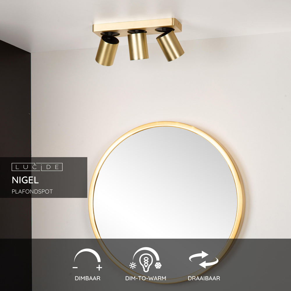 Spot encastré de plafond LED Lucide NIGEL, 3x5W GU10 dim to warm 2200K-3000K, aluminium brossé or réglable