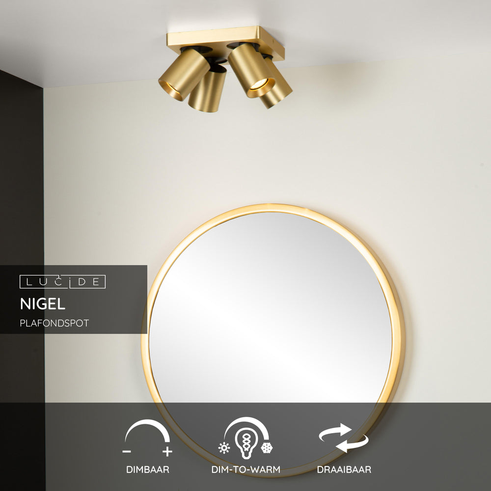 Spot LED plafond Lucide NIGEL 4x5W GU10 dim to warm 2200K-3000K 1280 lumens IP20 Laiton or mat