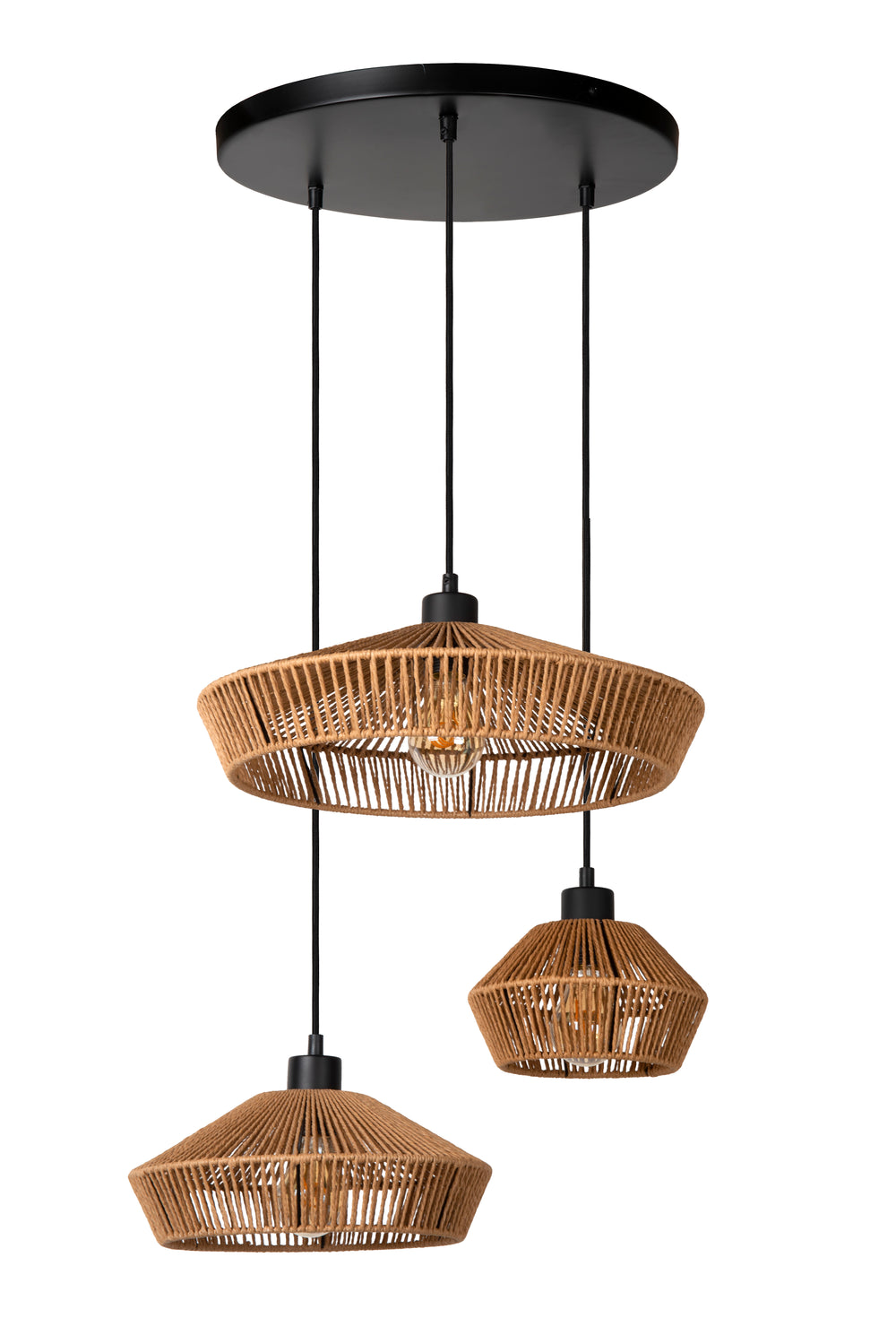 Suspension Lucide YUNKAI Ø60cm, 3xE27, abat-jour en papier naturel, rosace noire, style scandinave, IP20