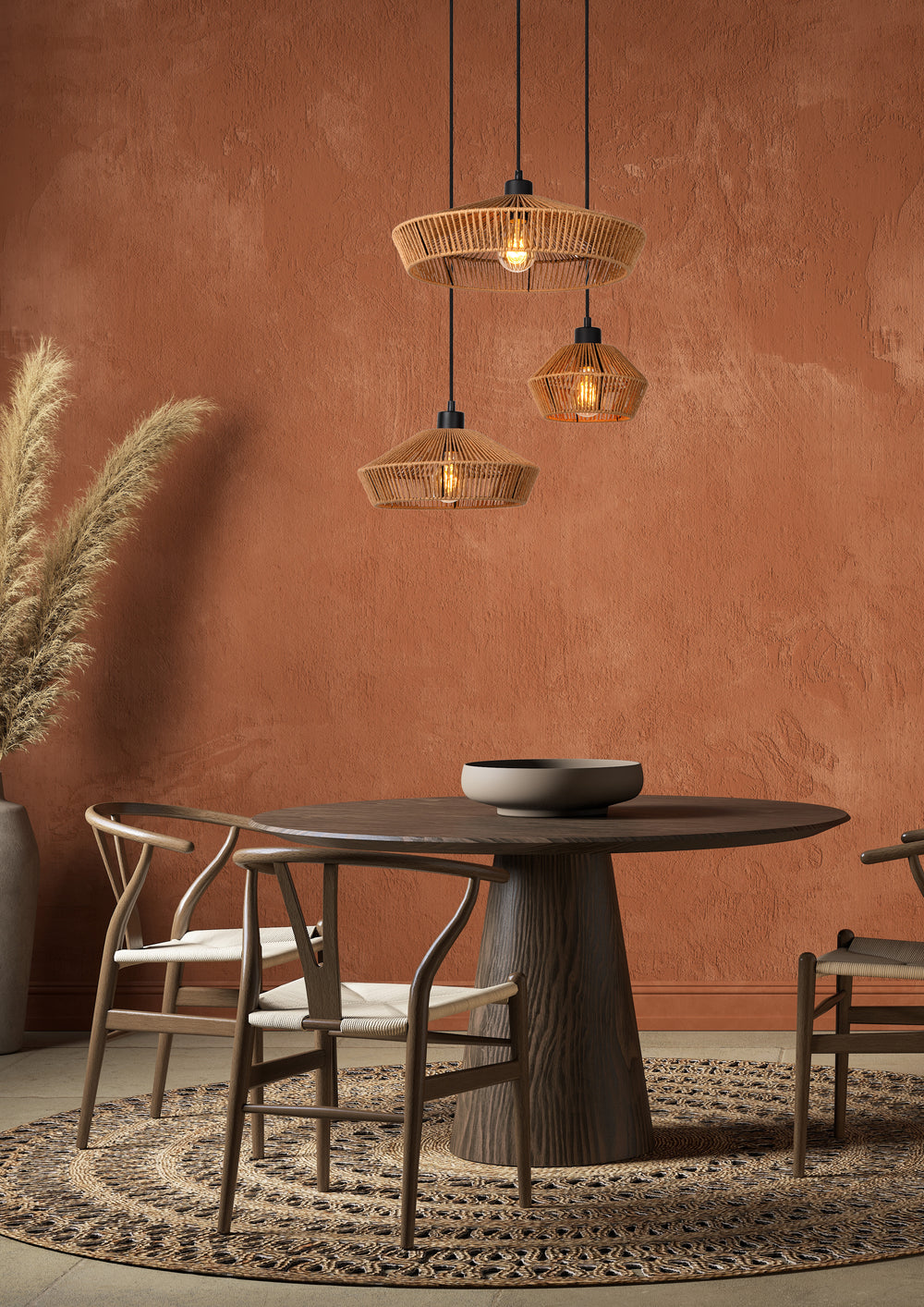 Suspension Lucide YUNKAI Ø60cm, 3xE27, abat-jour en papier naturel, rosace noire, style scandinave, IP20