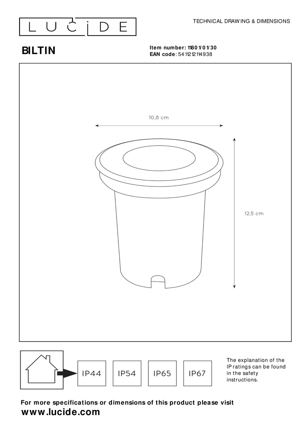 Lucide BILTIN LED grondspot IP67 Zand Mat Zwart Ø108mm GU10 220-240V buiten inbouwverlichting