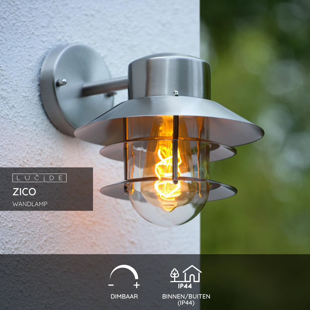 Lucide ZICO wandlamp roestvrij staal rond IP44 E27 klassiek binnen buiten 220-240V Ø218mm