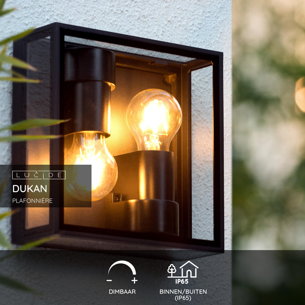 Lucide DUKAN Plafonnier LED Noir, 2xE27, IP65, aluminium moulé sous pression, 220x220mm intérieur extérieur