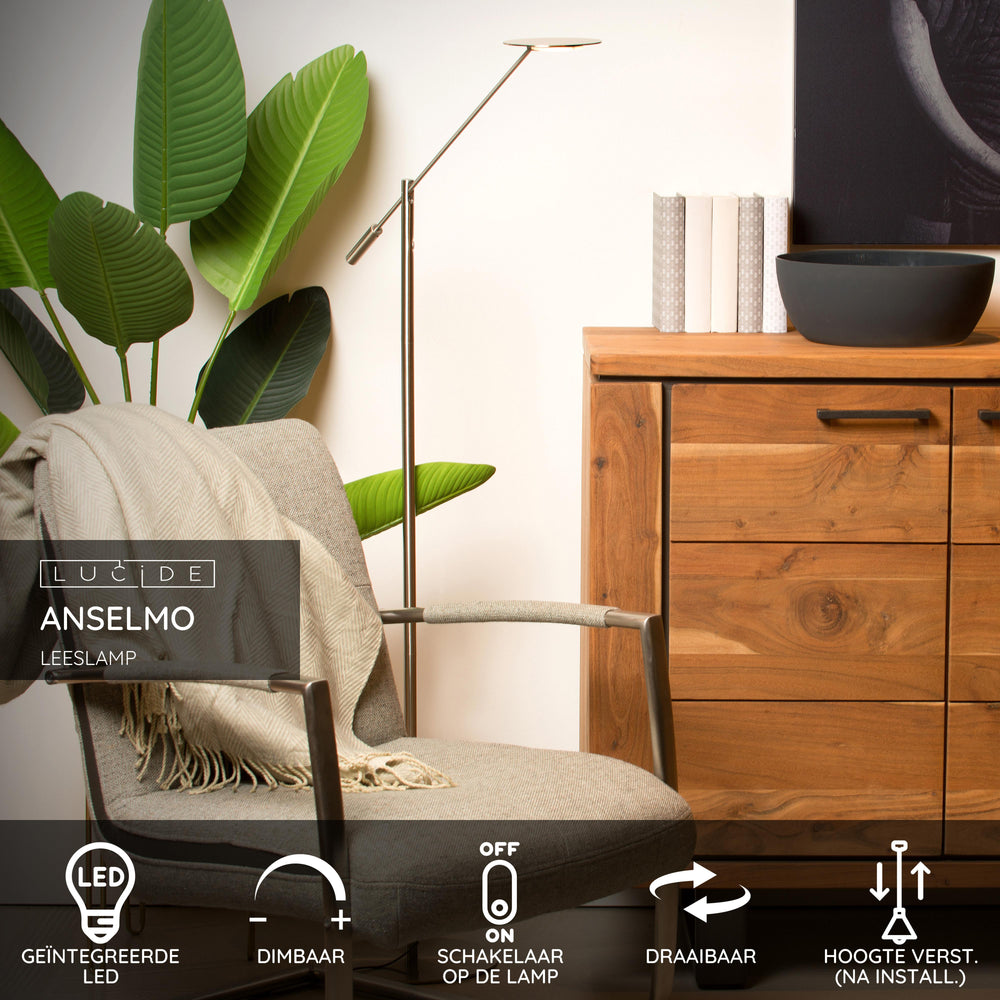 Lucide ANSELMO lampada da terra LED da lettura, dimmerabile 9W 3000K, 100-240V, IP20, metallo, finitura nichel satinato