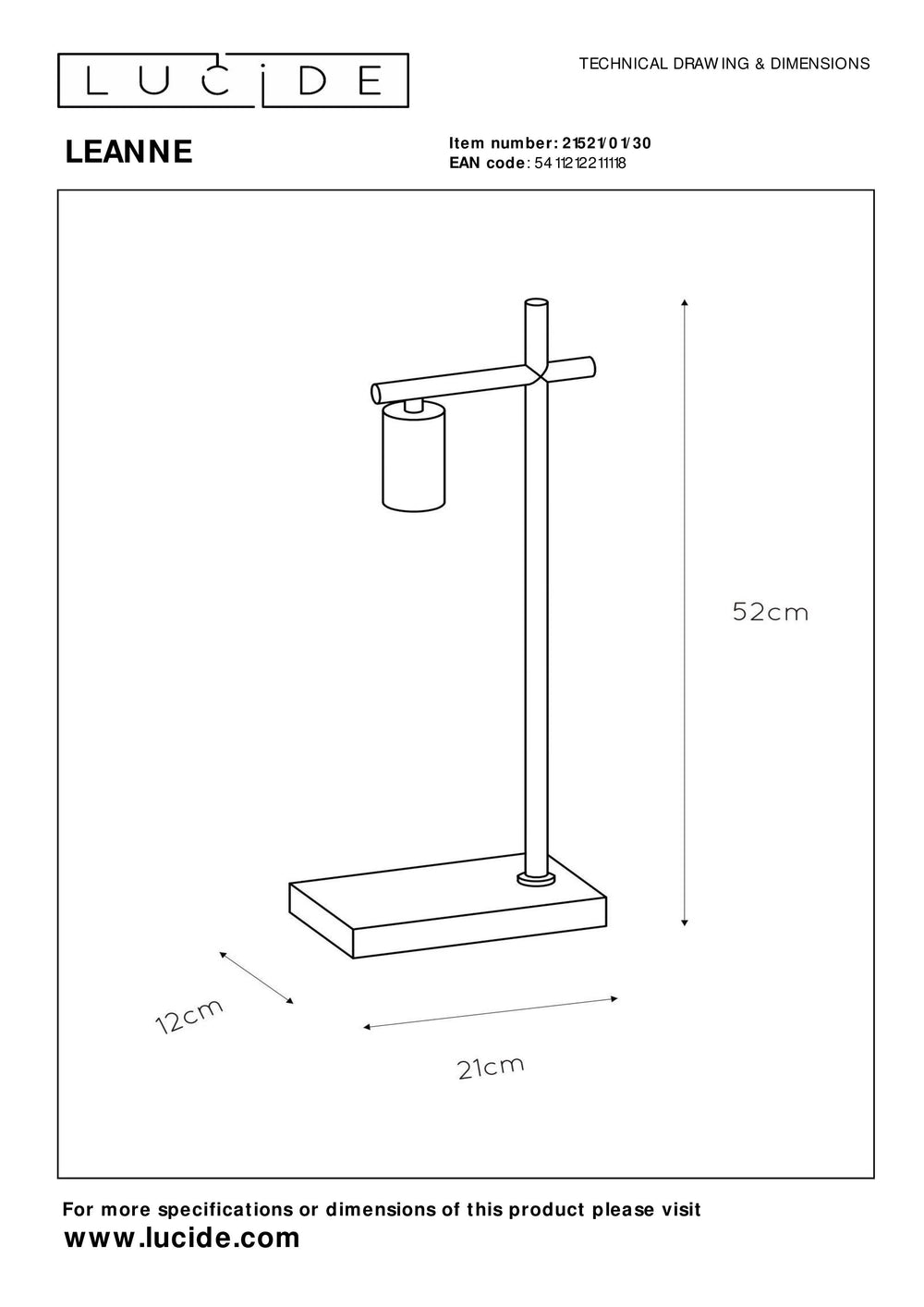 Lucide LEANNE tafellamp, E27 fitting, 40W max, 220-240V, IP20, modern mat Zwart metaal, 52cm hoogte