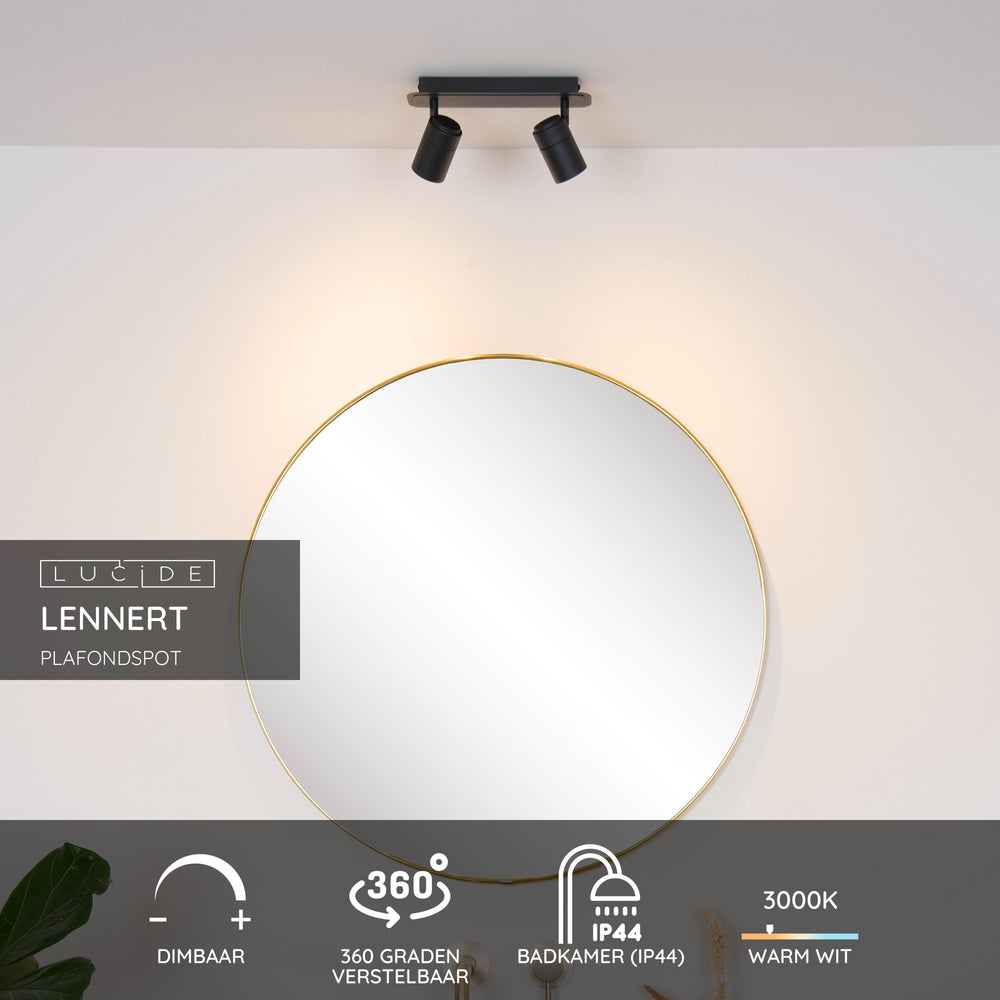 Lucide LENNERT spot LED de plafond de salle de bain, 2x5W GU10 dimmable, 3000K, IP44, Noir Sable Mat