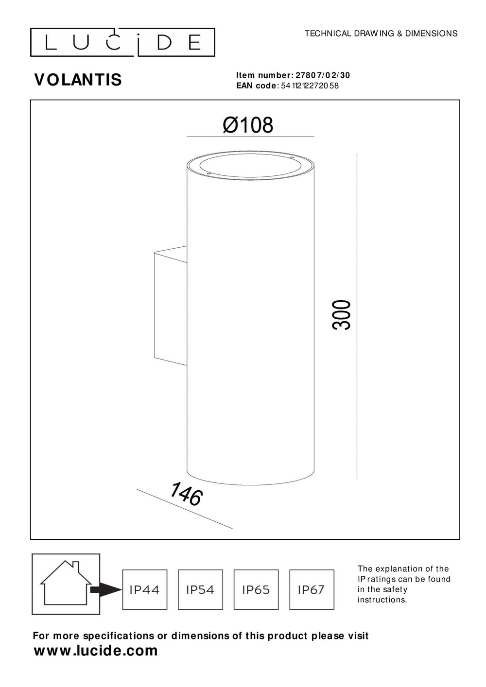 Lucide VOLANTIS Sort udendørs væglampe, 2xE27, IP54, uplight & downlight, moderne aluminiums-cylinder