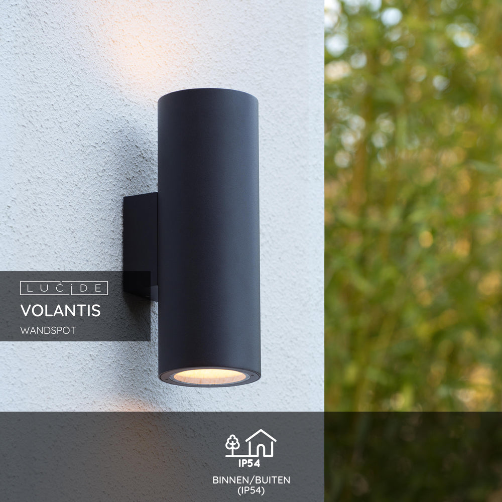 Lucide VOLANTIS Sort udendørs væglampe, 2xE27, IP54, uplight & downlight, moderne aluminiums-cylinder