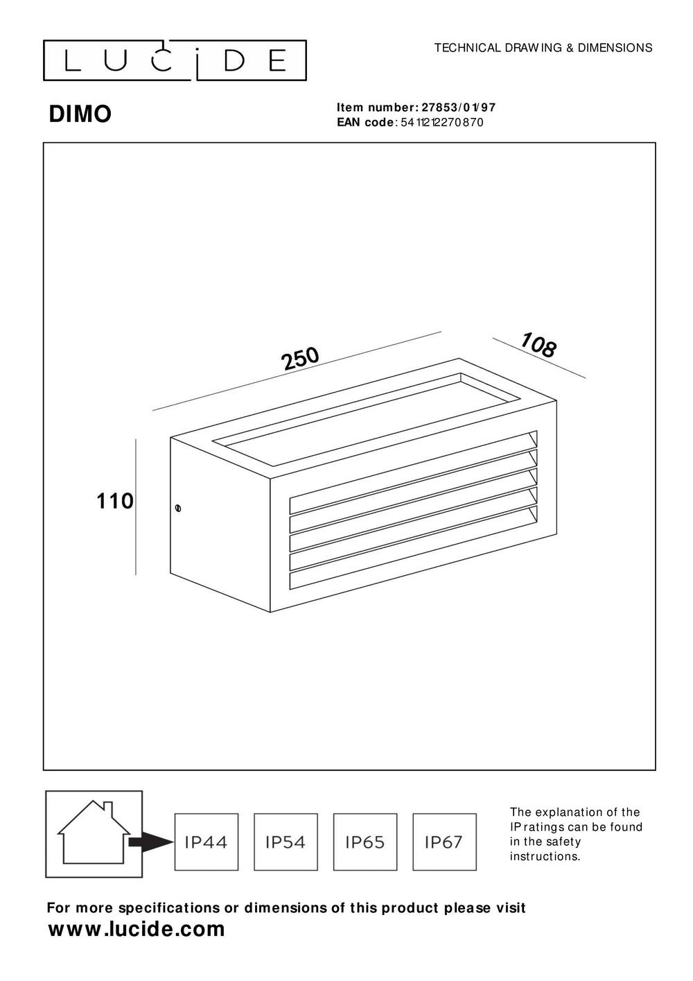 Lucide DIMO udendørs væglampe Antracit, E27-fatning, IP54, aluminiumshus, 220-240V, moderne kassedesign