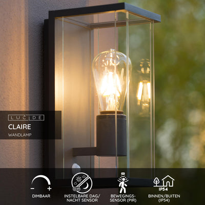 Lucide CLAIRE LED wandlamp Antraciet, 1xE27, IP54, met bewegings- en dag/nachtsensor, 220-240V
