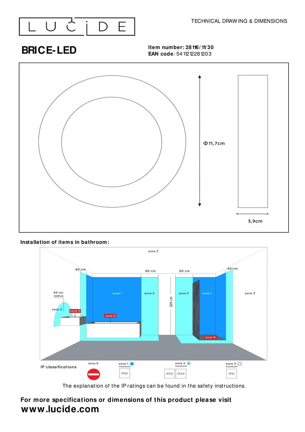 Lucide BRICE LED Badezimmer-Deckenleuchte, rund 8W dimmbar 3000K IP44 Matt Schwarz Ø117mm