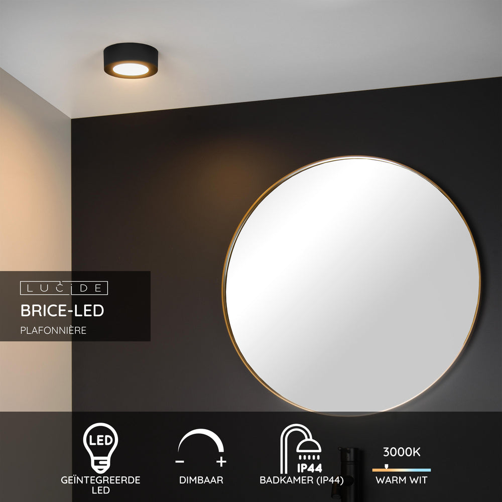 Lucide BRICE LED Badezimmer-Deckenleuchte, rund 8W dimmbar 3000K IP44 Matt Schwarz Ø117mm