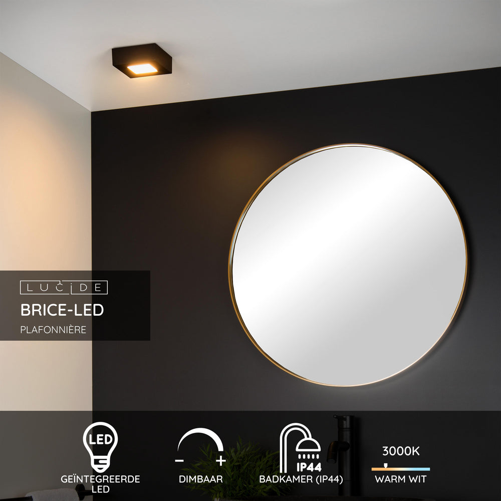 Lucide BRICE lámpara de techo LED para baño, regulable 8W 3000K, IP44, acabado cuadrado negro