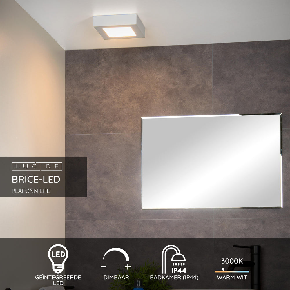 Lucide BRICE LED Badezimmer-Deckenleuchte, dimmbar 15W 3000K, IP44, quadratisch Mattweiß