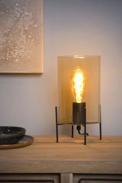 Lucide STEFFIE tafellamp Ø15cm, 1xE27, 40W max, Amber glazen kap, Zwarte metalen voet, IP20 binnenverlichting