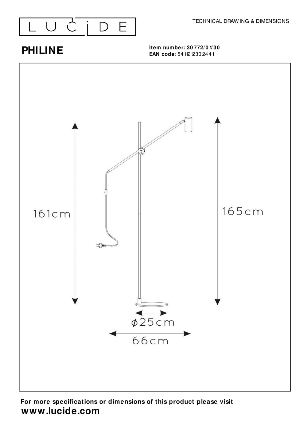 Lucide PHILINE modern golvläs­lampa, 1xGU10, LED-kompatibel, höjdjusterbar, Matt Svart med Guldhuvud