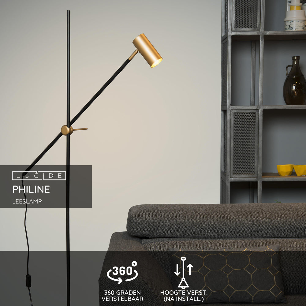 Lucide PHILINE modern golvläs­lampa, 1xGU10, LED-kompatibel, höjdjusterbar, Matt Svart med Guldhuvud
