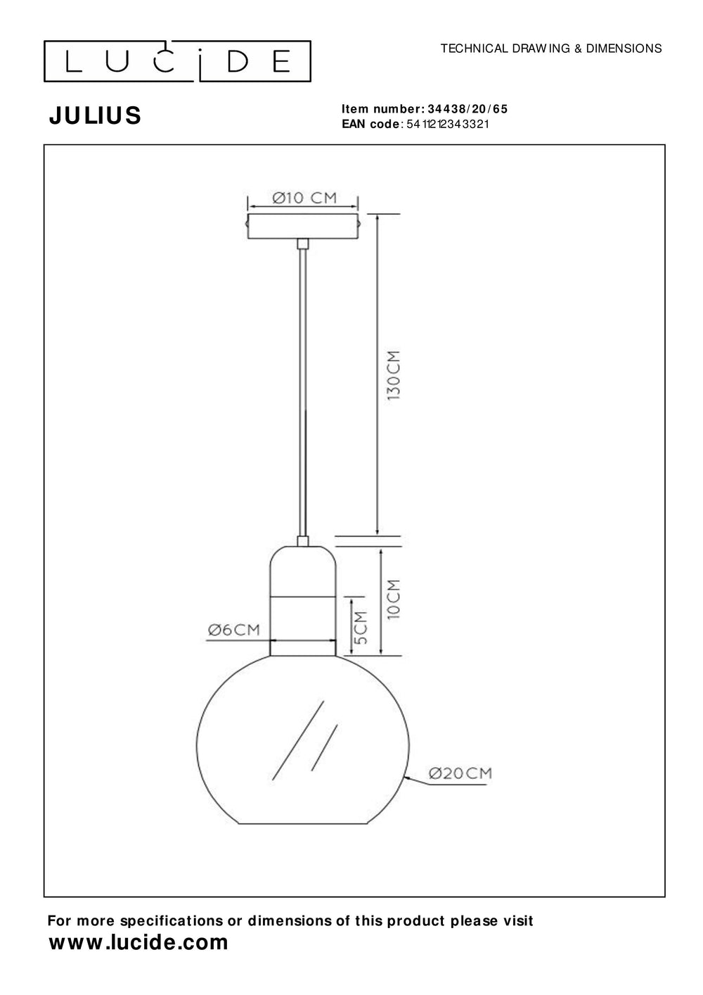 Lucide JULIUS hänglampa, 1xE27, rökfärgat glas Ø20cm, svart trä och guldmetall, 220-240V, IP20