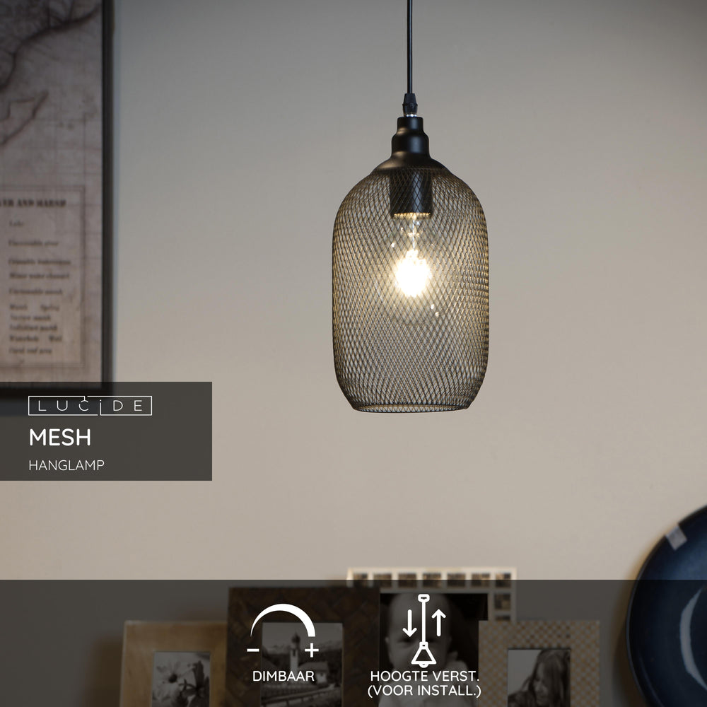 Lucide Mesh hanging lamp Black, round metal shade Ø150mm, E27 socket 60W max, height adjustable, IP20