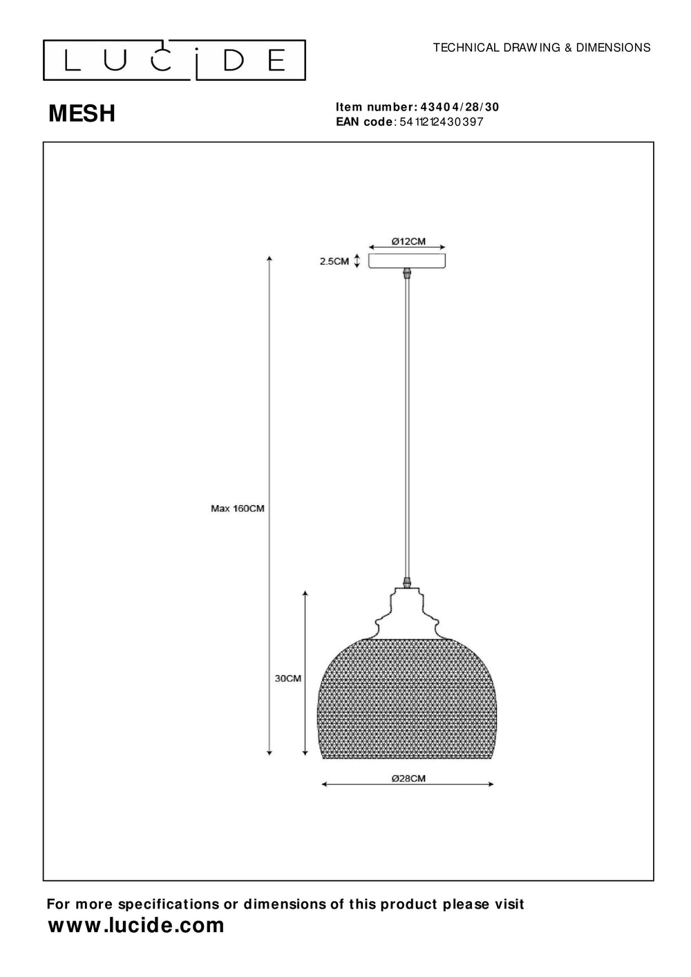 Lucide MESH hængelampe Sort Ø28cm 1xE27 moderne metal pendellampe IP20 højdejusterbar dæmpbar