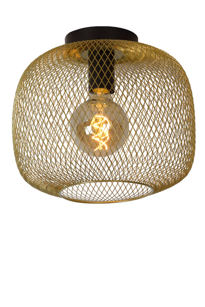 Lucide MESH plafondlamp 30cm metalen cilinder, E27 fitting, Mat Zwart met Gouden afwerking, IP20 vintage stijl
