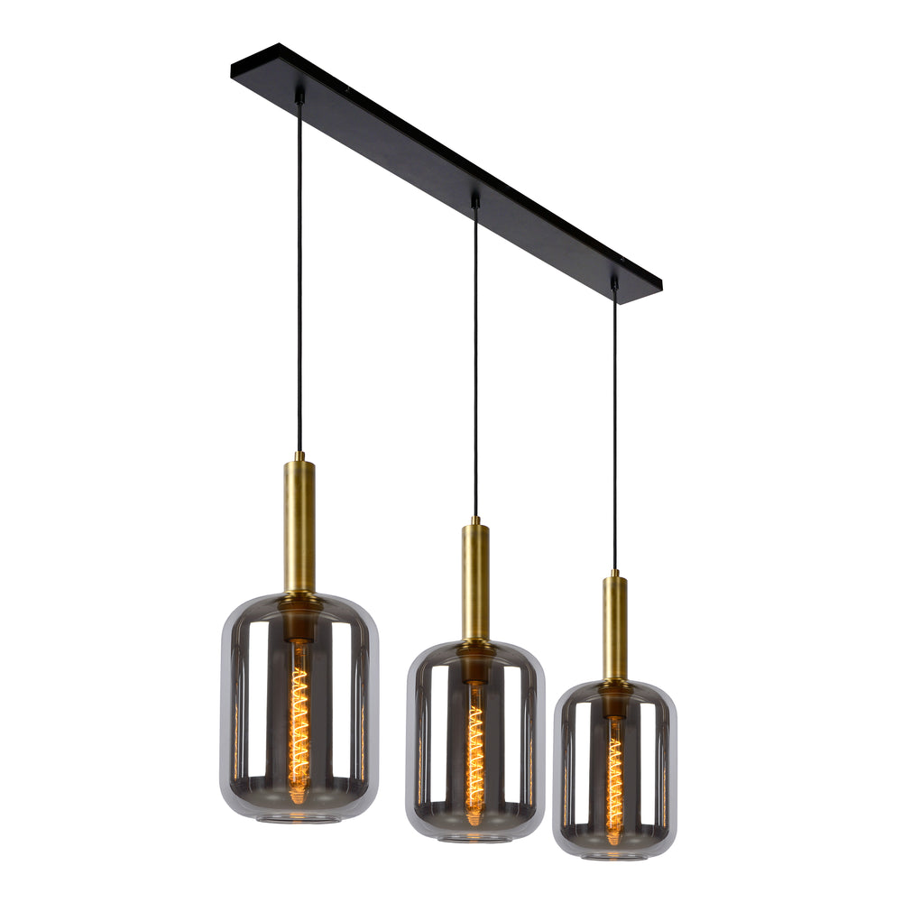 Lucide JOANET hanglamp 3xE27 fumé glazen kappen, matgouden afwerking, hoogte verstelbaar, dimbaar, IP20 binnen