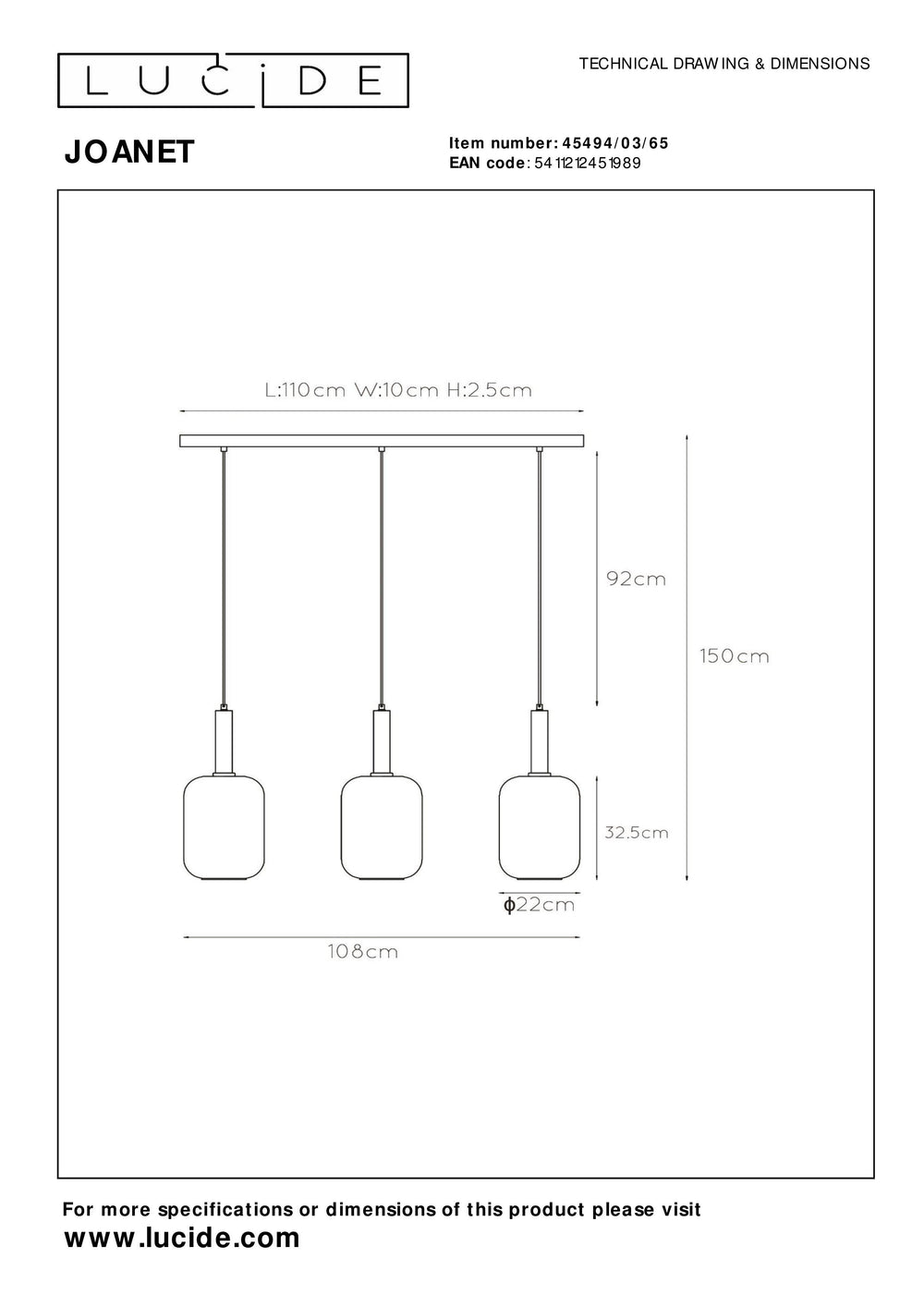 Lucide JOANET hanglamp 3xE27 fumé glazen kappen, matgouden afwerking, hoogte verstelbaar, dimbaar, IP20 binnen