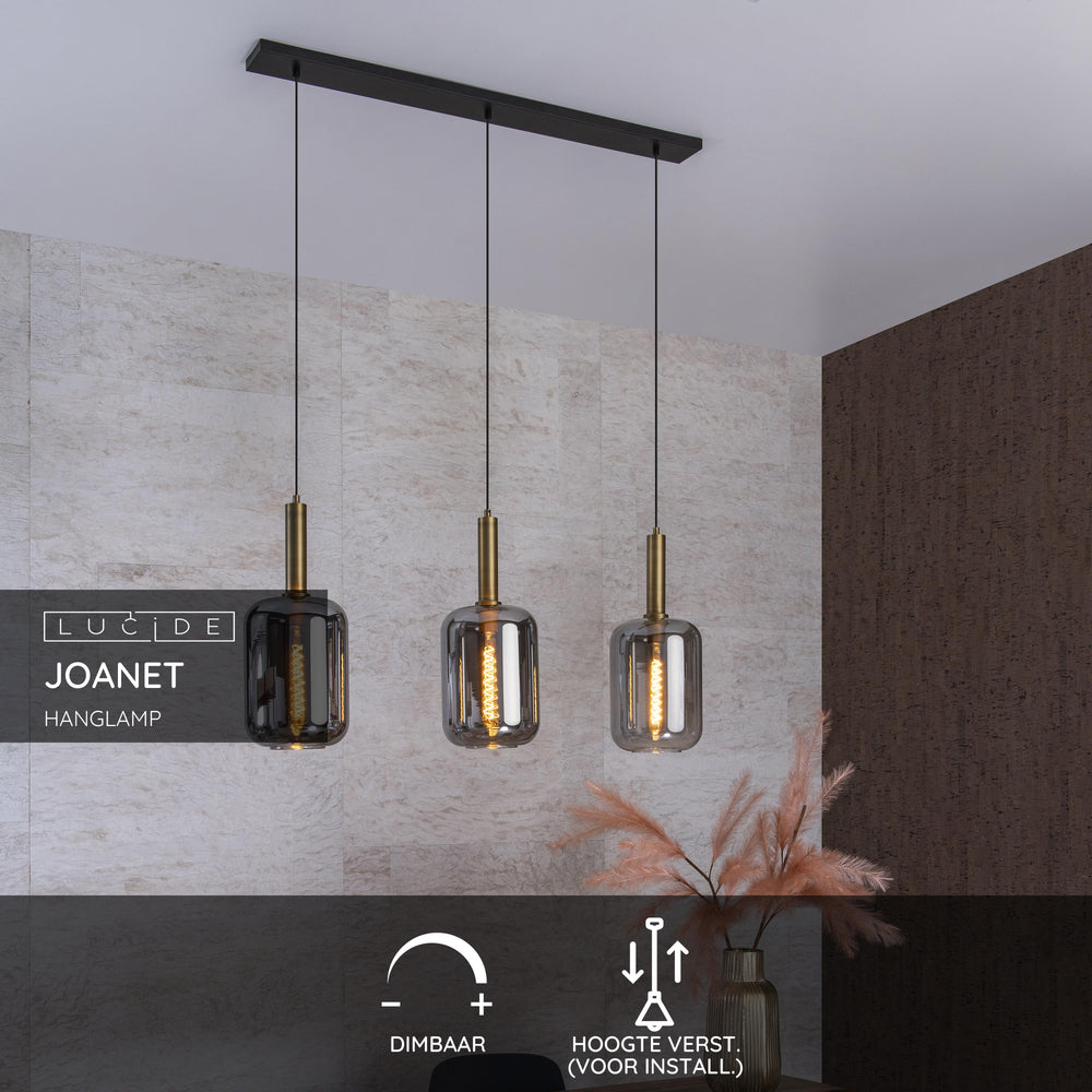 Lucide JOANET hanglamp 3xE27 fumé glazen kappen, matgouden afwerking, hoogte verstelbaar, dimbaar, IP20 binnen