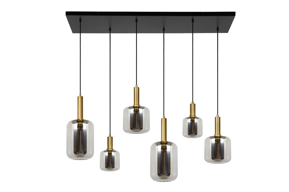 Lampada a sospensione Lucide JOANET, 6xE27 portalampade, bronzo con vetro fumé, design rettangolare moderno, IP20, 1320mm