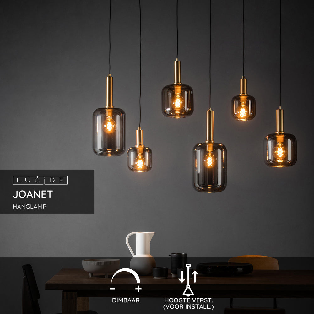 Lucide JOANET hanging lamp, 6xE27 sockets, bronze with fumé glass, modern rectangular design, IP20, 1320mm