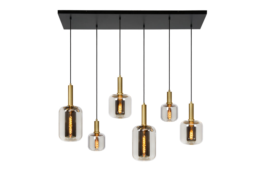 Lampada a sospensione Lucide JOANET, 6xE27 portalampade, bronzo con vetro fumé, design rettangolare moderno, IP20, 1320mm