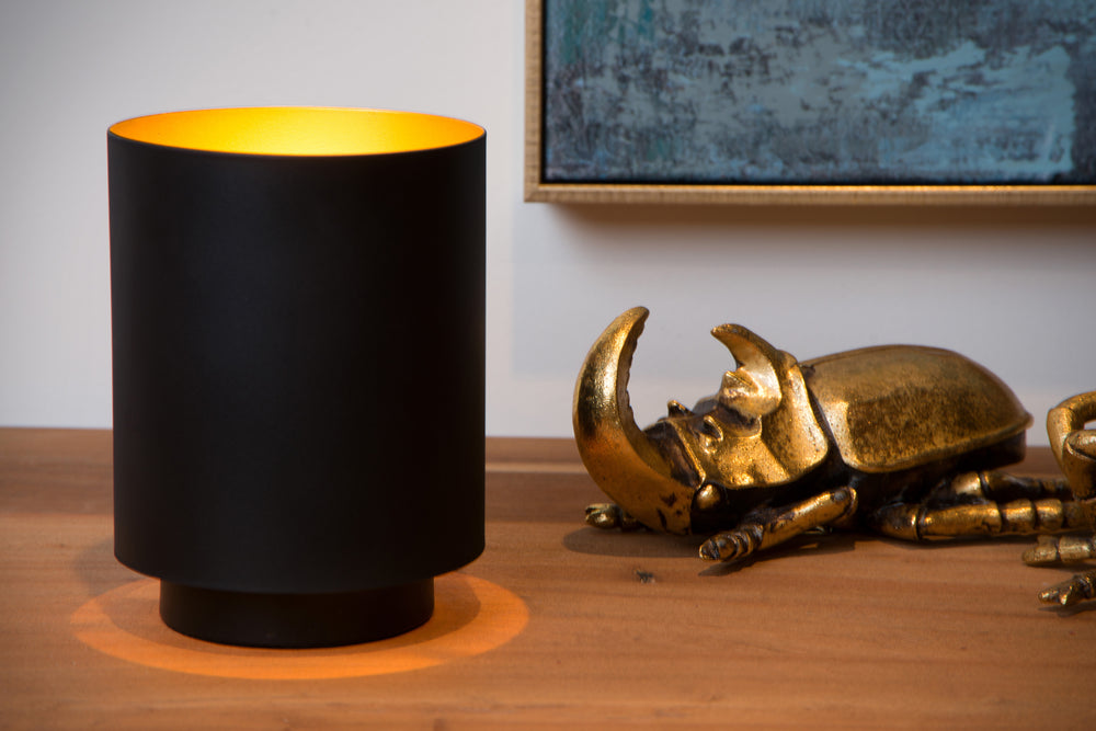 Lampe de table vintage Lucide SUZY, cylindre en métal, finition Sandy Black Gold, douille E14, 220-240V, IP20