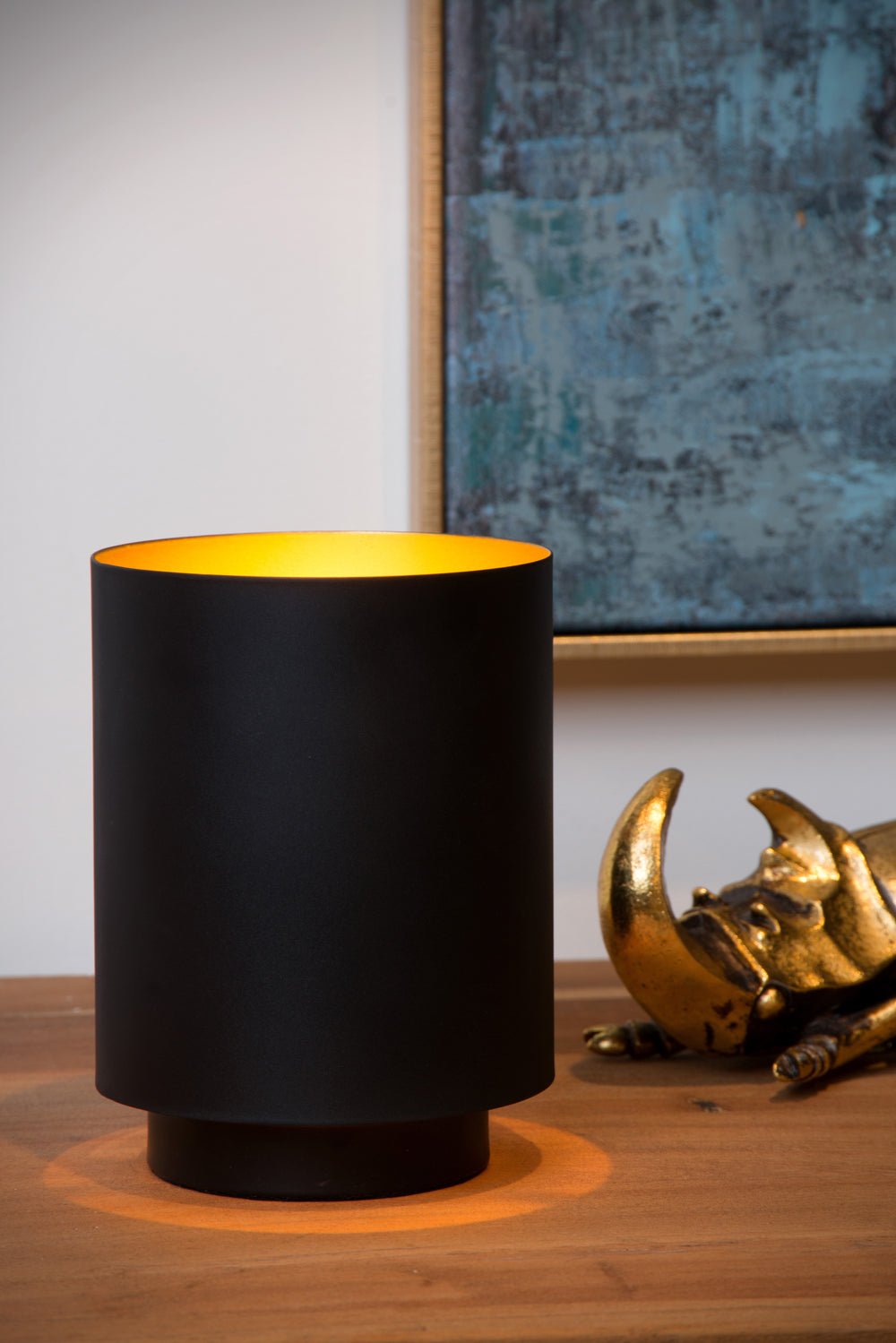 Lampe de table vintage Lucide SUZY, cylindre en métal, finition Sandy Black Gold, douille E14, 220-240V, IP20