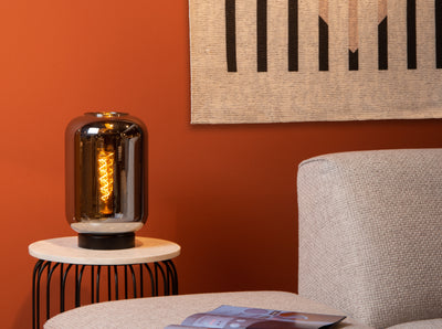 Lucide JOANET tafellamp 1xE27 Fumé glas modern design met zwarte metalen voet Ø22cm IP20