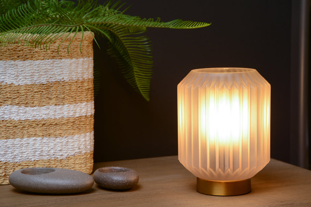 Lampada da tavolo Lucide SUENO Ø13cm attacco E14 Vetro bianco con base in acciaio dorato design moderno da interno IP20