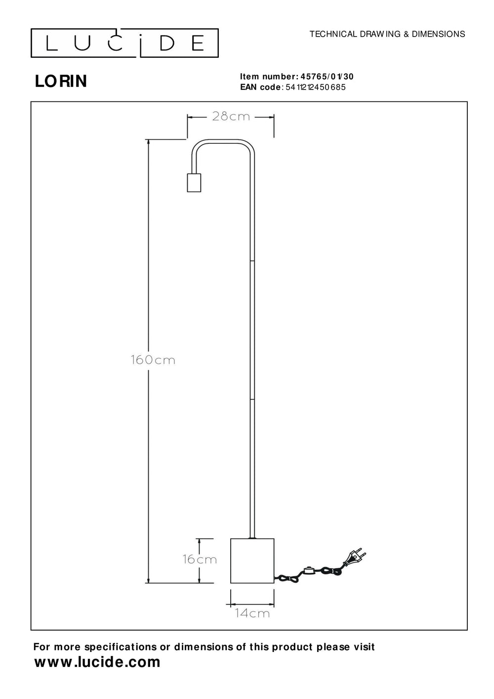 Lampada da terra Lucide LORIN, attacco 1xE27, 40W max, 220-240V, IP20, metallo nero opaco e marmo, altezza 1600mm