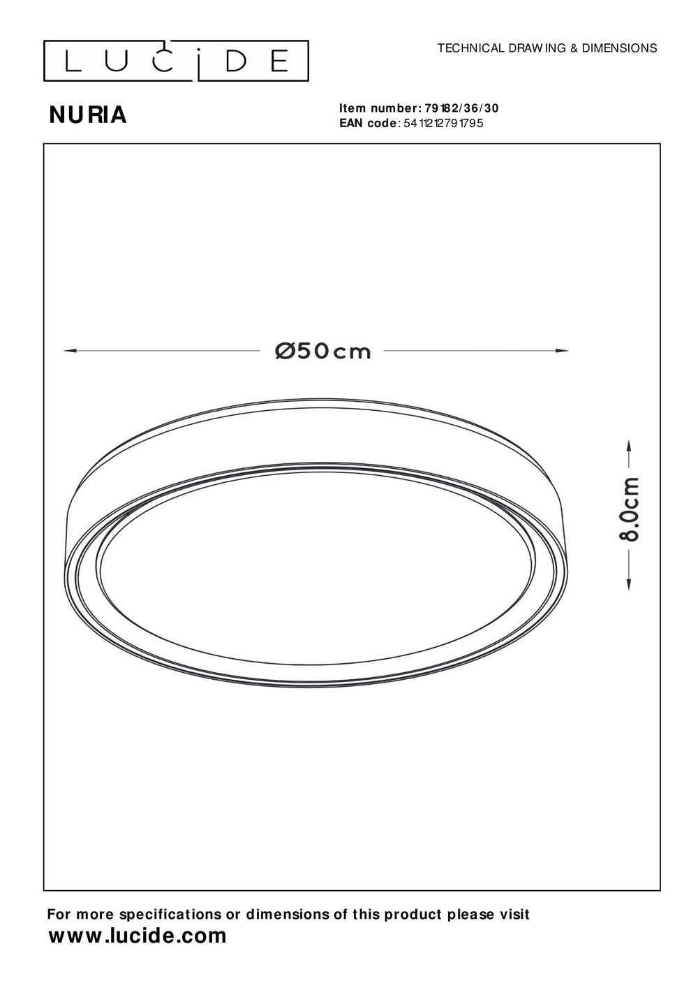 Lucide NURIA Plafoniera LED 36W 2700K Dimmer a 3 livelli rotonda Ø50cm Nero moderno IP20
