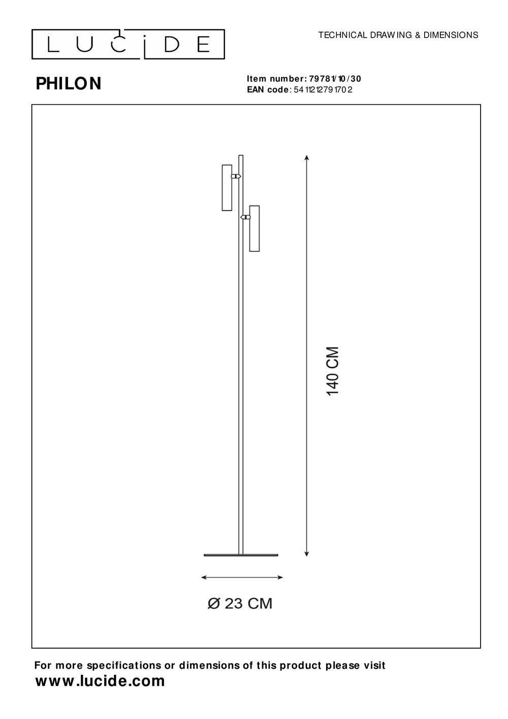 Lucide PHILON LED läslampa, 2x4.5W 3000K dimbar med touchkontroll, 220-240V, IP20, Svart, 140cm