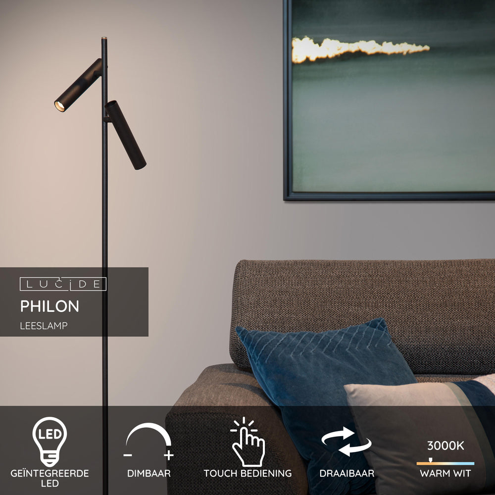Lucide PHILON LED läslampa, 2x4.5W 3000K dimbar med touchkontroll, 220-240V, IP20, Svart, 140cm