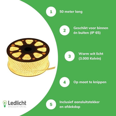 Tsong LED Lichtslang V1 50m 3000K warm wit licht 1521 lumen, IP20-geclassificeerd