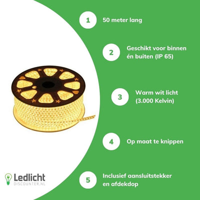 Tsong LED lichtstrip 50m 3000K warm wit, 1521 lumen, IP20, Philips chip, 220-240V, 120° stralingshoek