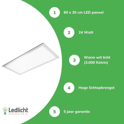 Lcb led paneel 60x30cm 3000K 2040 lumen 24W ip20 ce rohs 5-jarige garantie