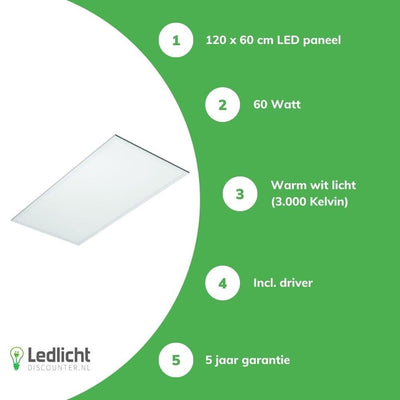 lcb led paneel 120x60cm 3000k 60w 7200 lumen incl driver