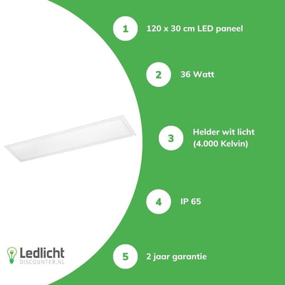 Tsong LED paneel 120x30cm ip65 vochtbestendig pro slanke lijn 36w 4320 lumen 4000k koel wit